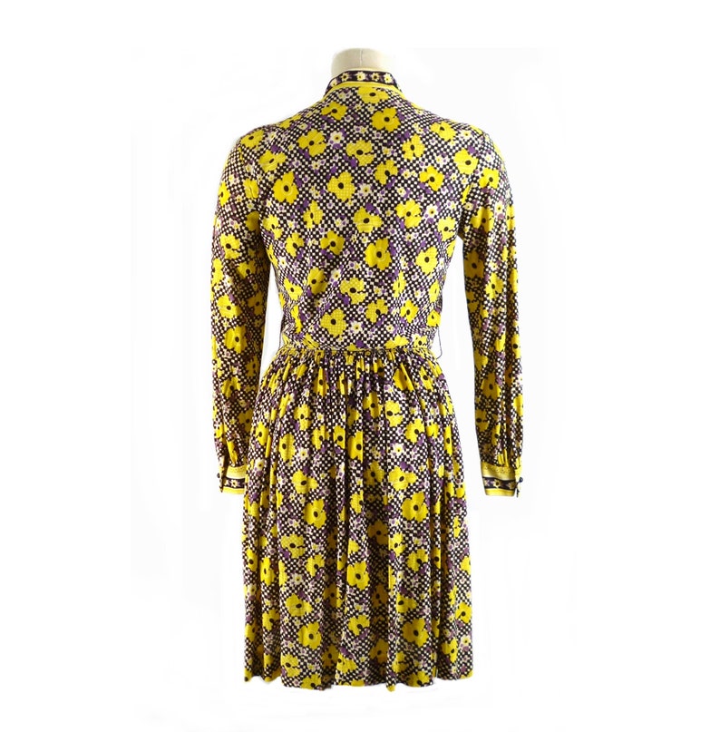 1960s Dress, Vintage Shirtwaist with Pussy Bow, Bright Yellow Flowers Checkerboard, Size Small image 5