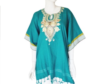 Dashiki Tunic Mini Dress Embellished  Unisex African Top with Tassels Vintage 1970s Size Medium Large