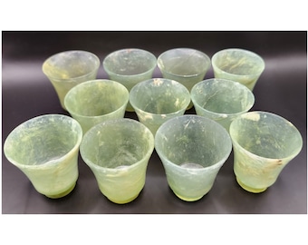 Jade Saki Cups, Set of 11, Rare Vintage Gemstone Vessels, 15 ml Capacity