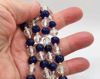 Beaded Necklace, Hand Knotted Clear and Blue Glass, Vintage 1980s 26 Inches Long