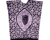 Purple Lion Caftan, Purple and White Cotton Batik, New Old Stock, Vintage 1980s, Plus Size 66 Inch Chest