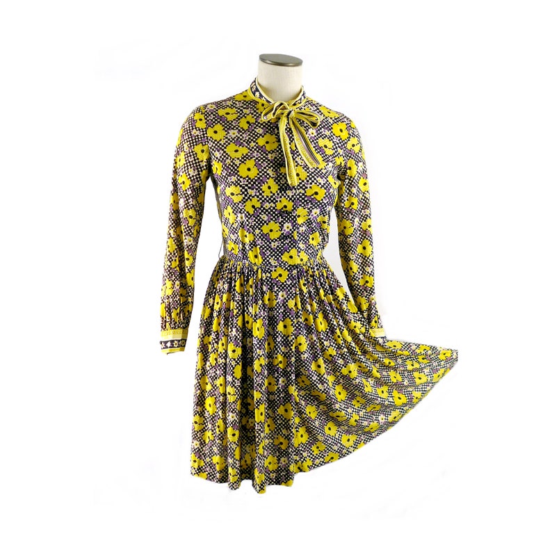 1960s Dress, Vintage Shirtwaist with Pussy Bow, Bright Yellow Flowers Checkerboard, Size Small image 1