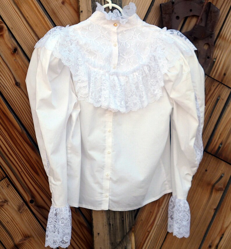 Reenactment Vintage 1980s High Neck Lace Blouse Steampunk Edwardian Shirt White Victorian Recollections Size Large