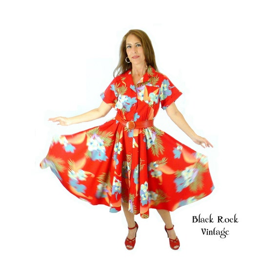 Red Dress with Big Florals, Fit and Flare Circle S