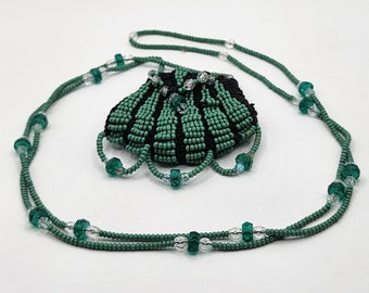 Beaded Necklace with Pouch, Green Black, Vintage 1980s , 36 Inches Long