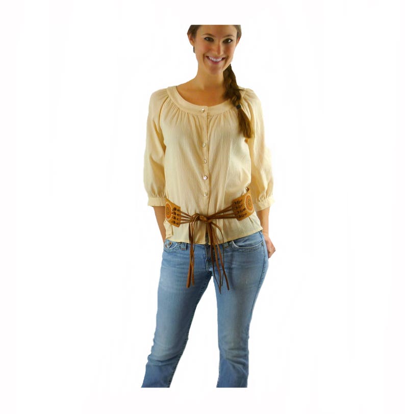 Cream Crinkle Finish Peasant Shirt Boho Chic Vintage 1970s Size M Scoop Neck Blouse