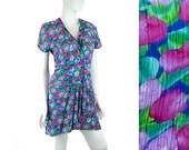 Peek-a Boo Wrap Dress, Floral Print Mini Dress, Jewel Tones, Crinkle Finish, Vintage 1970 Size Small