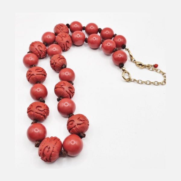 Carved Lacquer Cinnabar Necklace, Double Knotted, 17 - 20 Inches