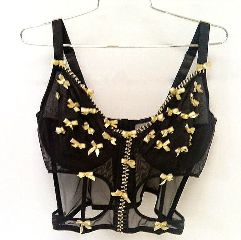 Upcycled Repurposed Plus Size Lingerie 42C Black Cage Bra Beaded Gold Bows