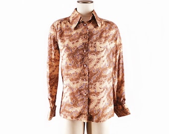 Silk Print Blouse, Made in Italy, Vintage 1970s Elegant Silk Shirt, Euro Size 44, Medium/Large Carledi