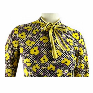 1960s Dress, Vintage Shirtwaist with Pussy Bow, Bright Yellow Flowers Checkerboard, Size Small image 3