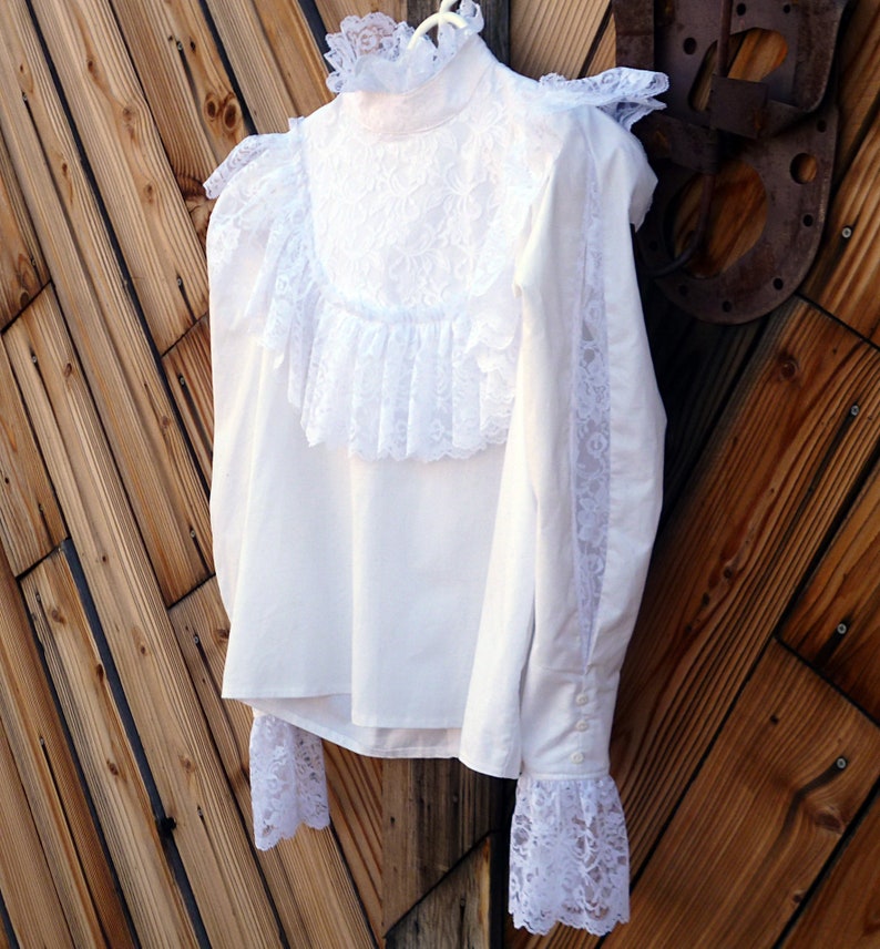 Reenactment Vintage 1980s High Neck Lace Blouse Steampunk Edwardian Shirt White Victorian Recollections Size Large