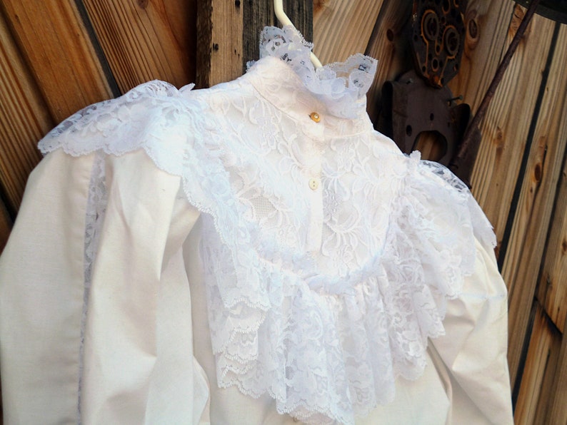 Reenactment Vintage 1980s High Neck Lace Blouse Steampunk Edwardian Shirt White Victorian Recollections Size Large