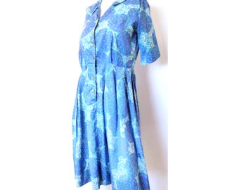 Ann Colby 1950s Day Dress Blue Green Abstract Print Size Med/Large