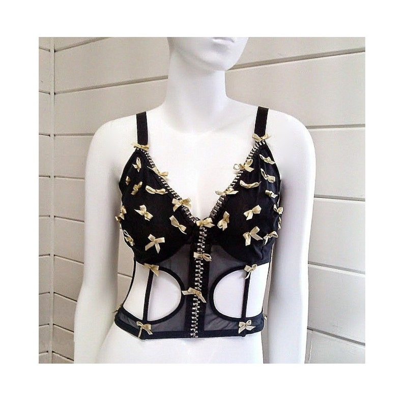 Upcycled Repurposed Plus Size Lingerie 42C Black Cage Bra Beaded Gold Bows