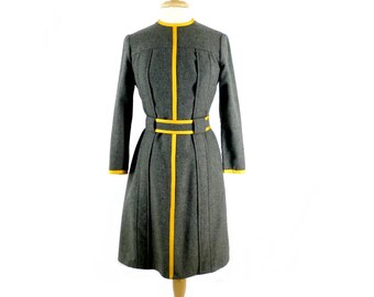 Vintage Wool Dress Gray and Yellow by Joanna Nelson with Exquisite Detailing, Size Extra Small 1960s