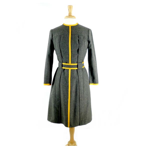 Vintage Wool Dress Gray and Yellow by Joanna Nelson with Exquisite Detailing, Size Extra Small 1960s