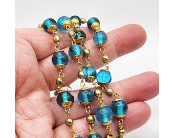 Beaded Necklace, Bright Turquoise Glass and Gold Tone Bead Caps, Vintage 1980s 24 Inches Long