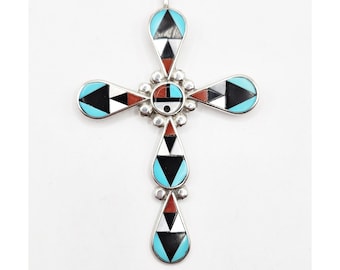 Zuni Cross by Mary Ann and Zeno Edaakie, Vintage 70s-80s Sterling Silver with Inlaid Turquoise, Coral, Onyx, Mother of Pearl