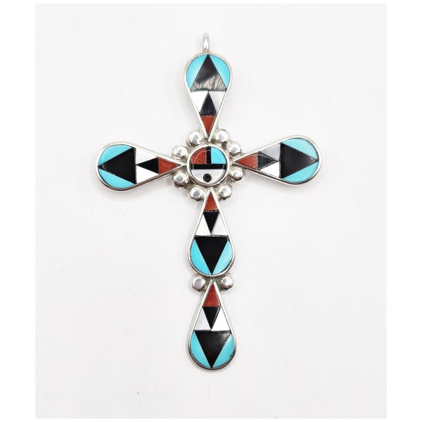 Zuni Cross by Mary Ann and Zeno Edaakie, Vintage 70s-80s Sterling Silver with Inlaid Turquoise, Coral, Onyx, Mother of Pearl