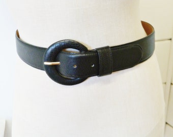 Black Leather Belt, Fits Waists 29 to 31 inches, Vintage 1980s, I. Magnin Embossed Lizard