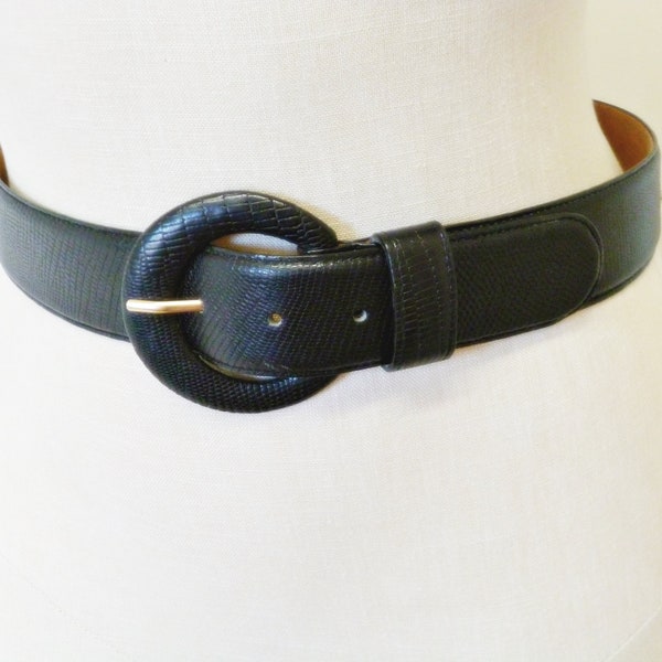 Black Leather Belt, Fits Waists 29 to 31 inches, Vintage 1980s, I. Magnin Embossed Lizard