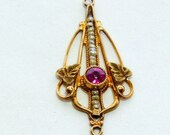 Pendant Lavalier 10K Gold Seed Pearls Pink Center Stone Antique 1910s Vintage Edwardian Era