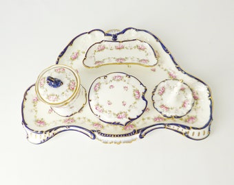 Porcelain Vanity Set, Hand Painted, Cauldon Ltd England, Edwardian Art Nouveau, FLAWS