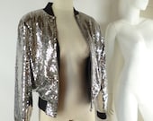 Silver Sequin Bomber Jacket, Vintage 1990s Size Small / Extra Small
