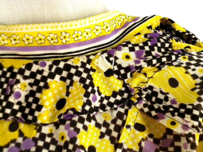 1960s Dress, Vintage Shirtwaist with Pussy Bow, Bright Yellow Flowers Checkerboard, Size Small image 6