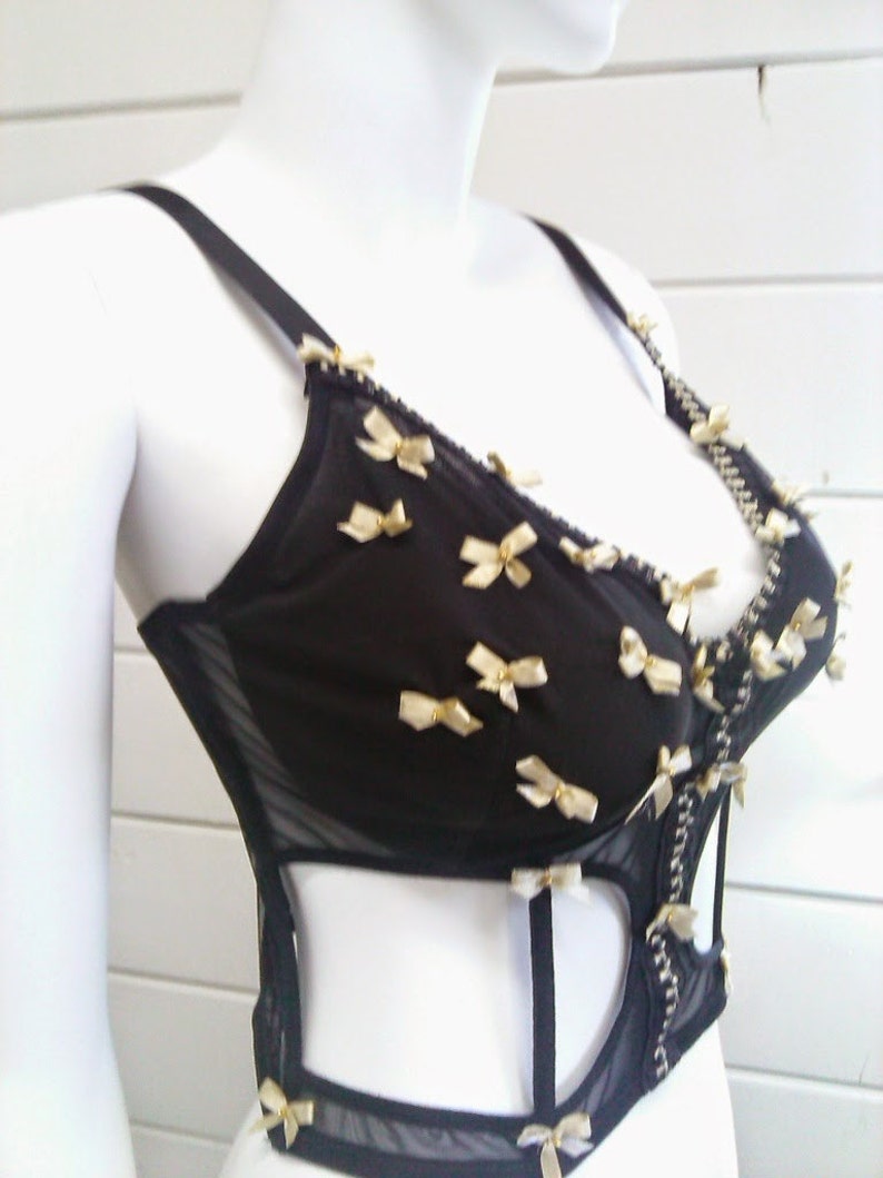 Upcycled Repurposed Plus Size Lingerie 42C Black Cage Bra Beaded Gold Bows