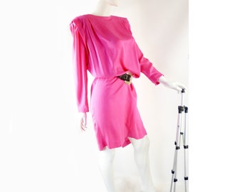 Shocking Pink Dress, Liz Claiborne 1980s, Embossed Silk, Vintage Size 12, Dry Cleaned