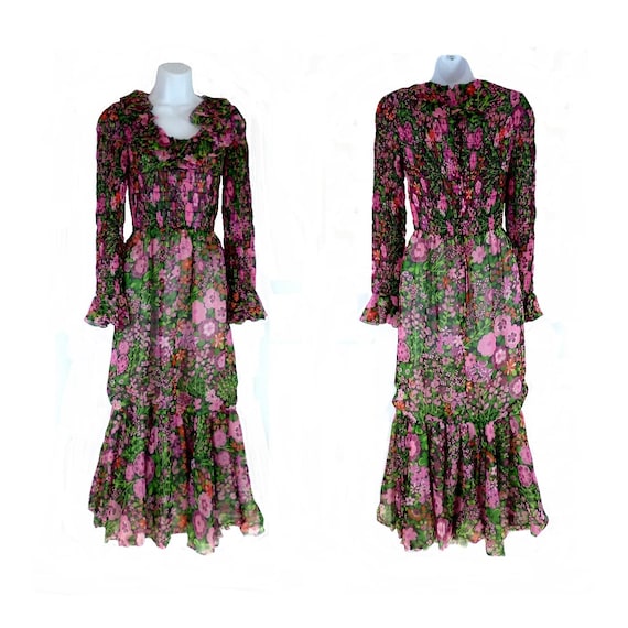 Boho Maxi Floral Dress, Sheer Smocked with Ruffles