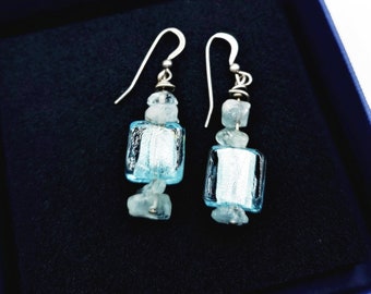 Dichroic Glass Earrings Light Blue and Silver Dangles
