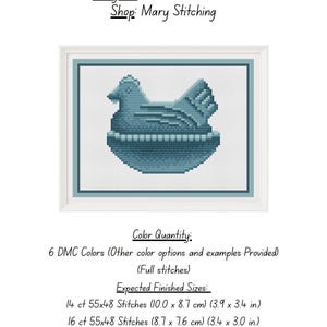 May include: Cross-stitch pattern titled "Hen on a Nest" by Summer McDonald, sold by Mary Stitching. The design features a blue hen sitting in a nest. The finished sizes are 3.9 x 3.4 in., 3.4 x 3.0 in., and 3.1 x 2.7 in. depending on the stitch count.