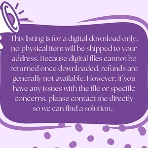 May include: A purple graphic with a megaphone icon and text. The text states the listing is for a digital download only, with no physical item shipped. It also mentions refunds and contacting the seller for issues.