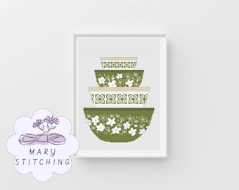 Vintage Green and White Bowls- PDF DIGITAL Cross Stitch Pattern