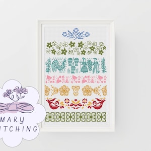 Puede incluir: Una obra de arte de punto de cruz enmarcada con coloridos patrones florales y folclóricos. El diseño incluye filas de flores, pájaros y formas geométricas en tonos verdes, rosas, amarillos y rojos. La obra se exhibe en un marco blanco.