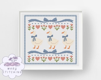Vintage Goose with Blue Ribbon- DIGITAL PDF Cross Stitch Pattern