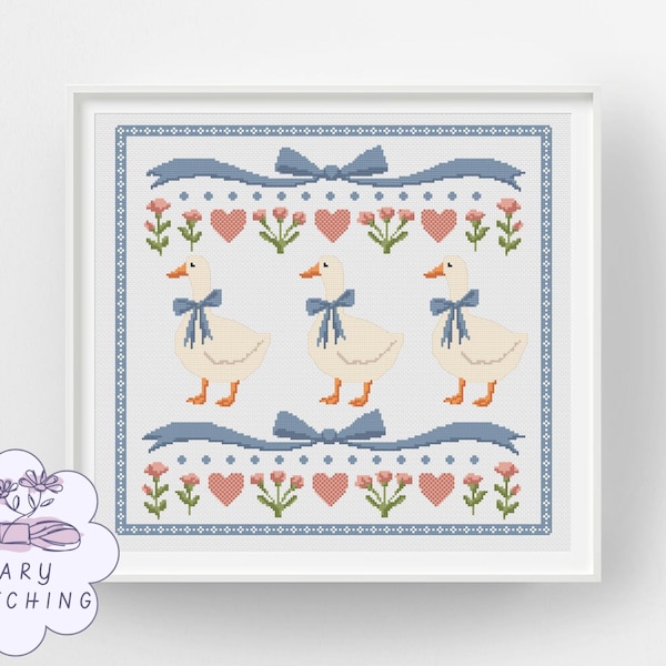 Vintage Goose with Blue Ribbon- DIGITAL PDF Cross Stitch Pattern