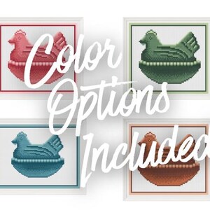May include: Four framed cross-stitch artworks featuring a hen in a nest design. The artworks are in red, green, blue, and brown. The text "Color Options Included" is overlaid on the image.