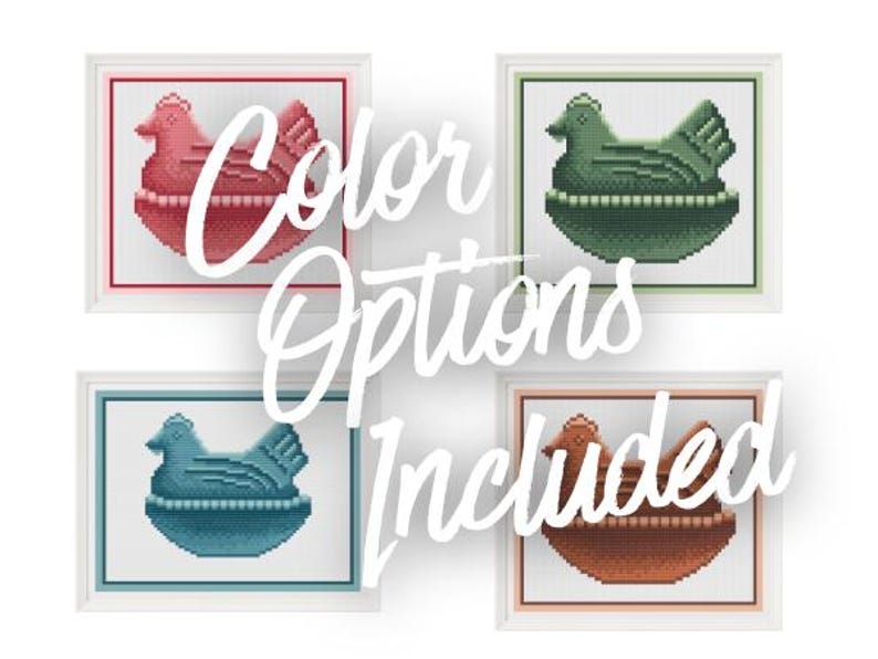 May include: Four framed cross-stitch artworks featuring a hen in a nest design. The artworks are in red, green, blue, and brown. The text "Color Options Included" is overlaid on the image.