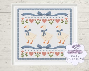 Vintage Goose with Blue Ribbon- DIGITAL PDF Cross Stitch Pattern
