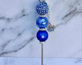 Blue Pokey Tool with Blue Rhinestone Crown Charm, Crafters Tool, Cookie Scribe, Bakers Tool, Plastic Removal Tool