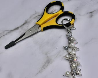 Scissor Keychain, Crafting Scissors Keychain, Scissor Keychain with Silver Rhinestone Heart Charm, Beaded and Charmed Scissor Keychain