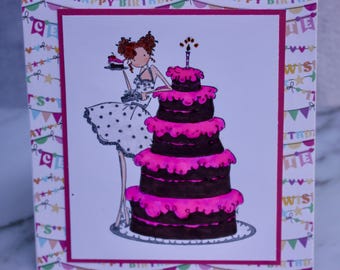 Birthday Card, Friend Birthday Card, Copic Colored Birthday Card, Uptown Girl Bianca Eats Cake Card, Stamping Bella Birthday Card