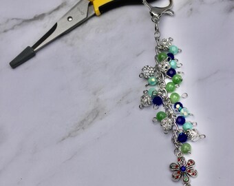 Scissor Keychain, Crafting Scissors Keychain, Scissor Keychain with Multicolored Floral Charm, Beaded and Charmed Scissor Keychain