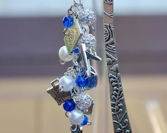 Travel Themed Bookmark, Shepherds Hook Bookmark, Beaded Bookmark, Silver Beaded Bookmark, Book Lovers Gift, Reader Gift, Charmed Bookmark