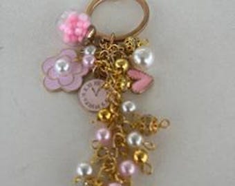 Pearl Beaded Purse Keychain, Pink Floral and Pearls Keychain, Pearls and Gold Bead Keychain, Handmade Charmed Keychain, Tote Bag Keychain