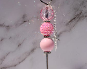 All Pink Pokey Tool with Bling Cross Charm, Crafters Tool, Cookie Scribe, Plastic Removal Tool, Crafters Gift